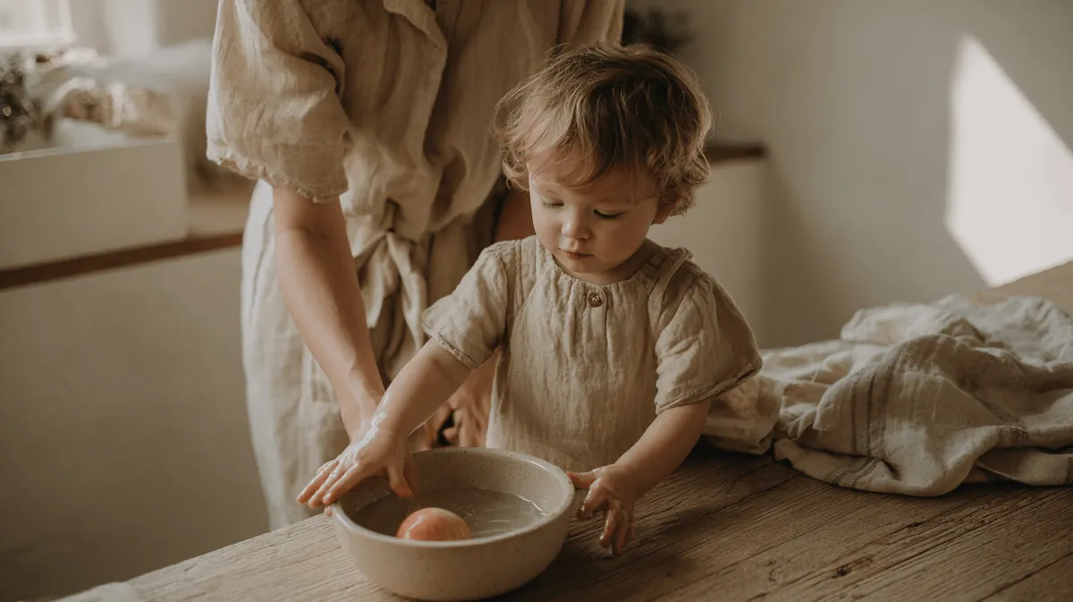 Lavas una fruta en un cuenco con agua y después te imita: la moja, la frota y la seca.