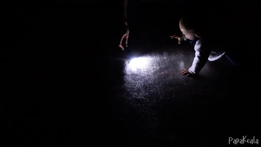 Con la habitación en penumbra, mueves el haz de una linterna por la pared y sigue la luz con la mirada.