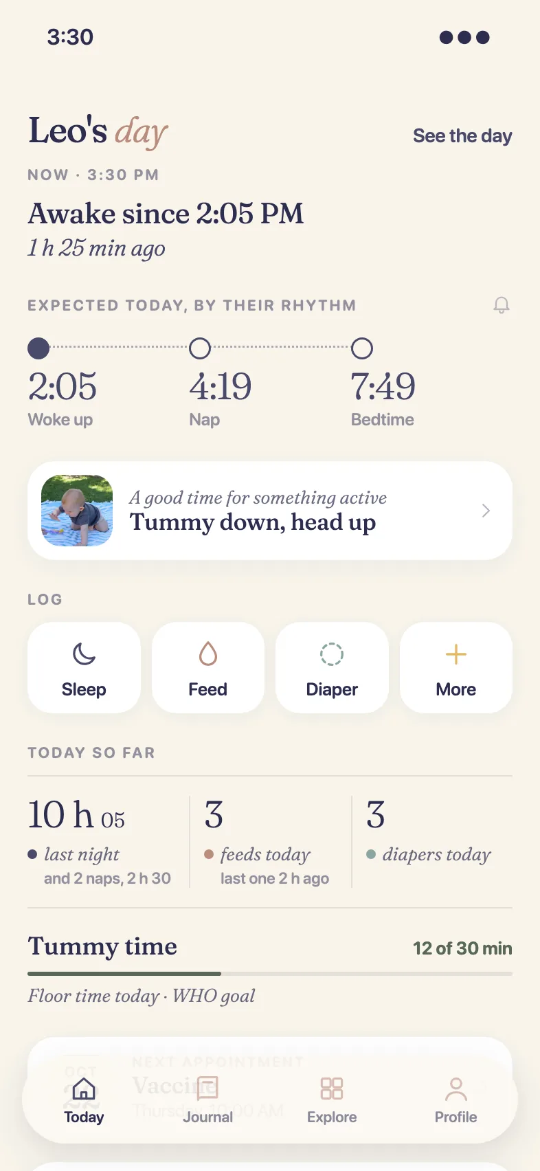 PapaKoala's Today screen with Leo's day: when he woke up, his expected naps, feeds and diapers.