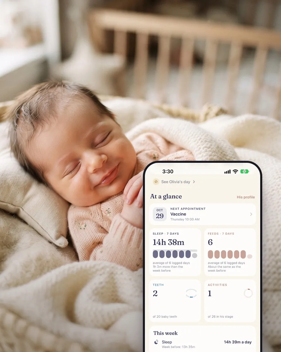 A baby asleep in a basket, next to “At a glance” with their week of sleep and feeds.