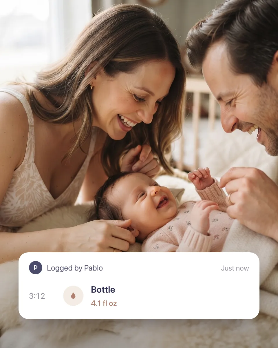 A mother and father smile at their baby, with the note “Logged by Pablo: bottle, 4.1 fl oz”.