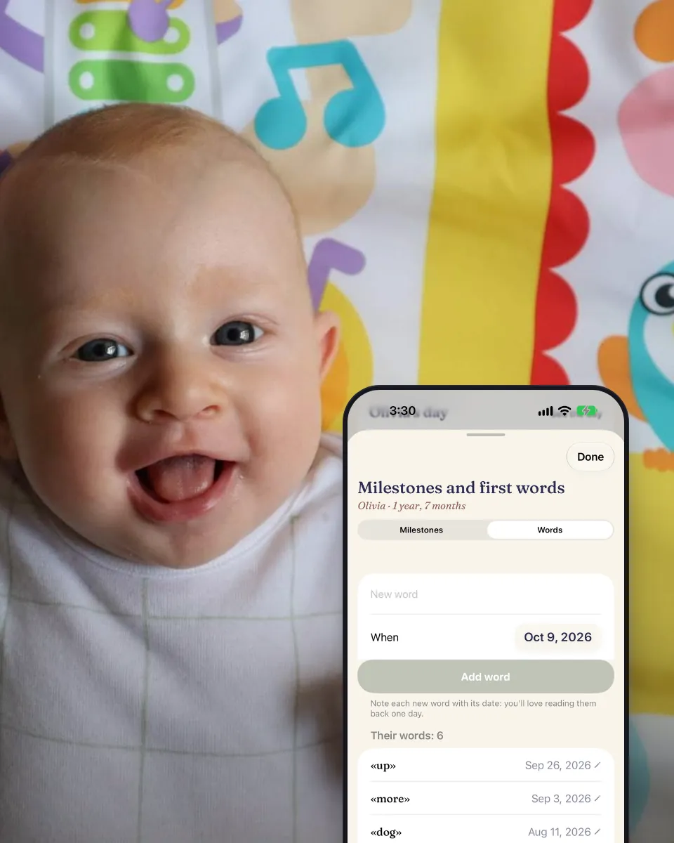 A baby smiles on a play mat, next to the list of their first words.