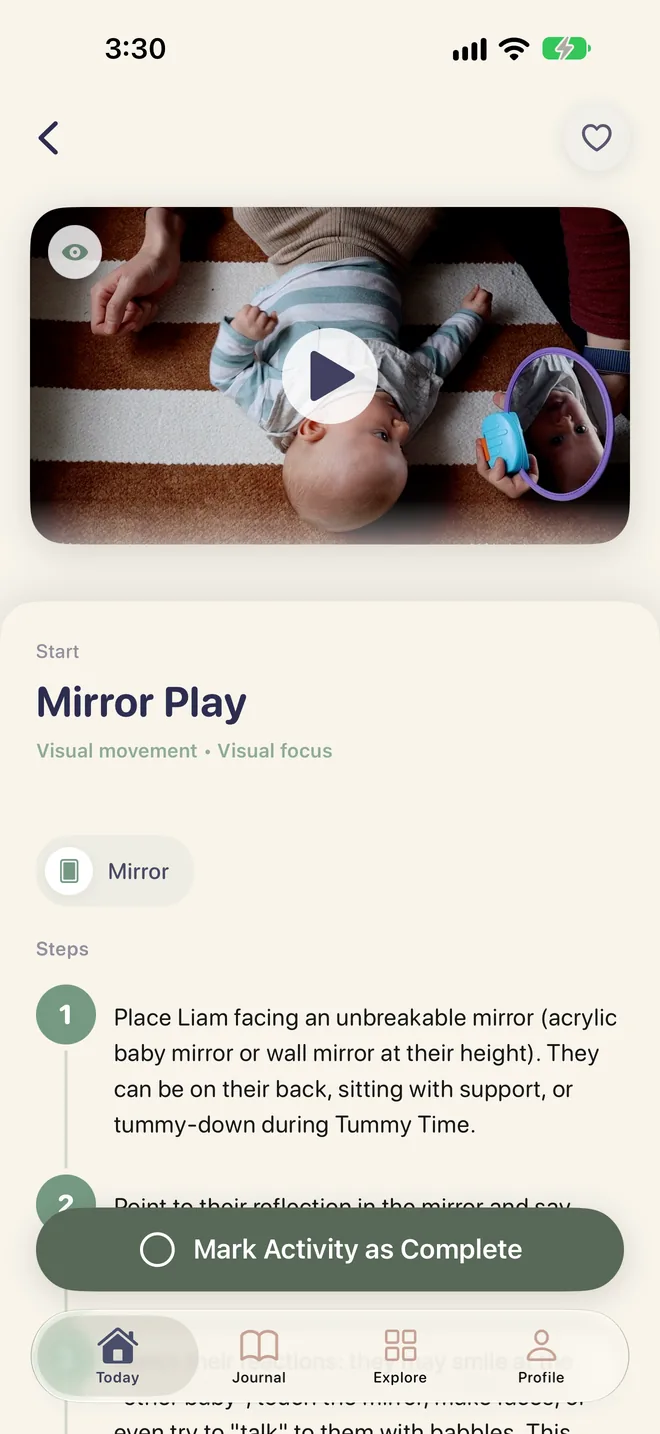 The “Mirror play” activity with its video and steps.